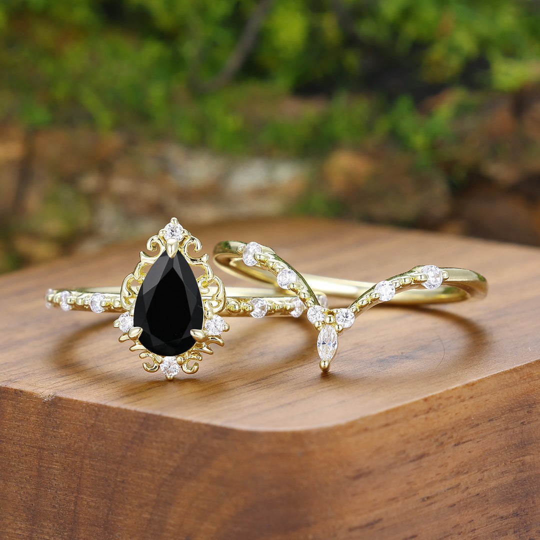 Handmade Pear Shape Black Onyx Filigreed Couple Rings Gold Plated His And Hers Rings