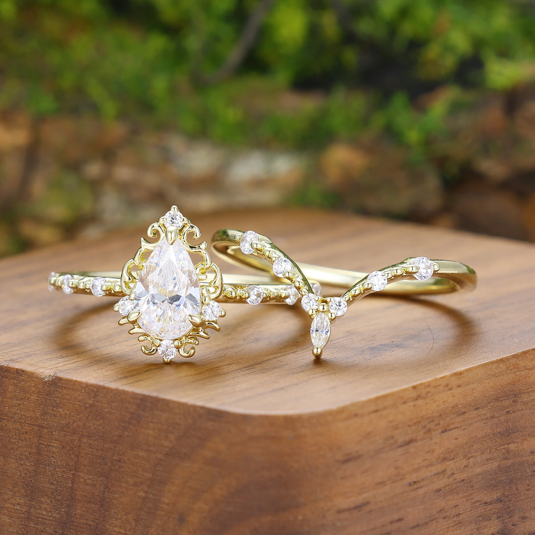 Handmade Pear Cut Moissanite Milgrained Couple Ring Set Vintage Scrolled His And Hers Rings