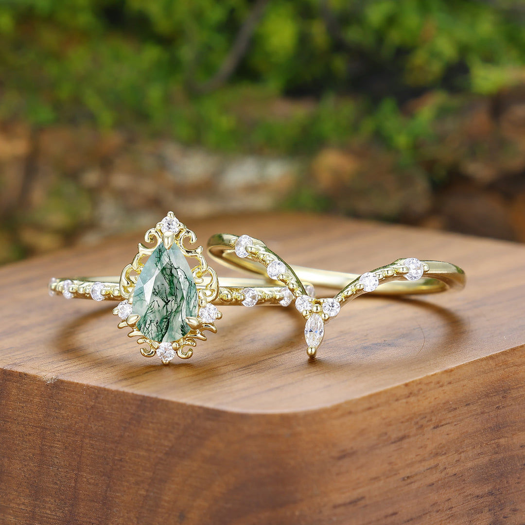 Antieke natuurlijke mosagaat bijpassende ringen voor hem en haar — unieke filigraan set van ringen voor koppels