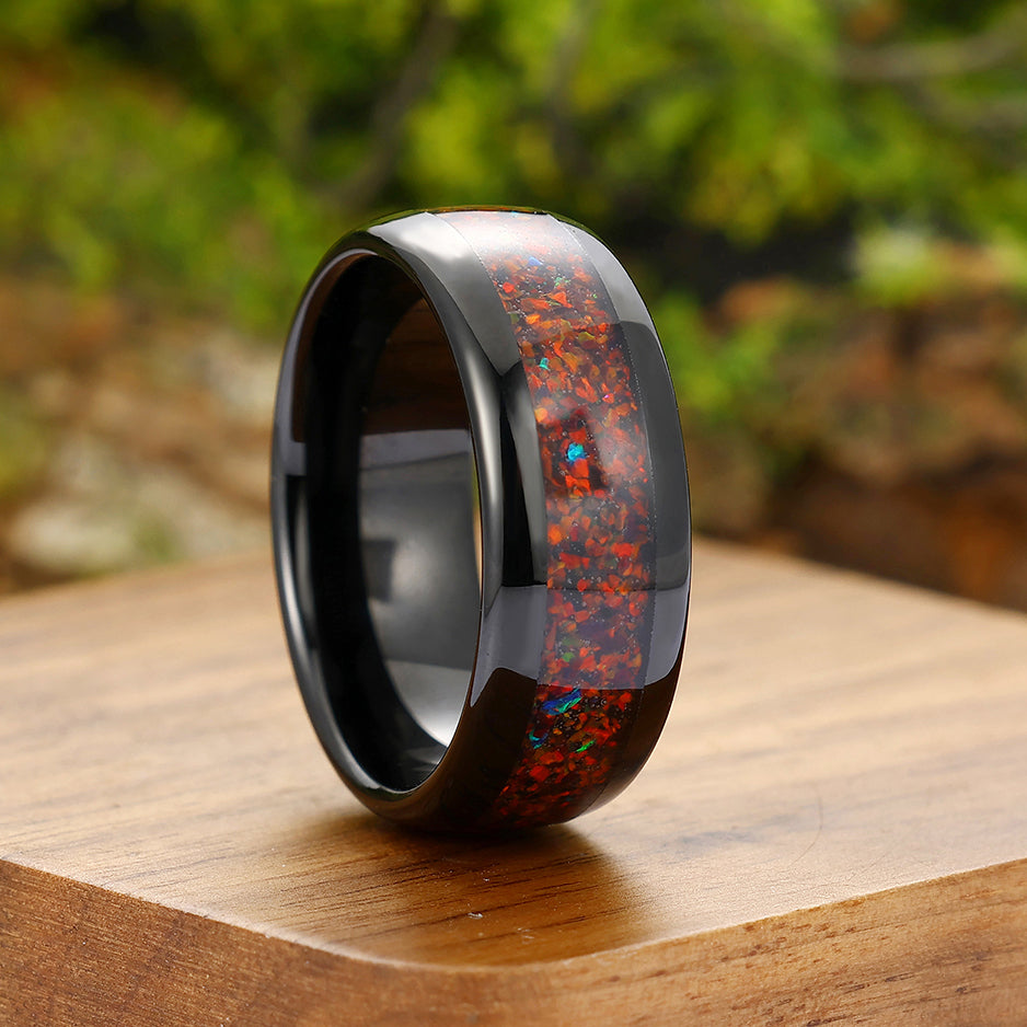 8mm Red Opal Wedding Band Black Tungsten Promise Ring Polished Dome Ring Unisex Ring Gift