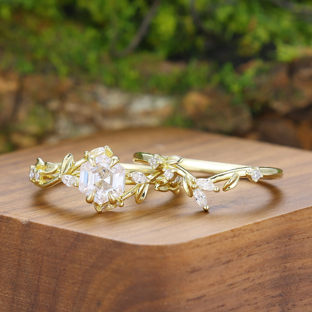 Exquisite Sprig Leaf Moissanite Couple Ring Set Yellow Gold Silver And Tungsten Matching Ring