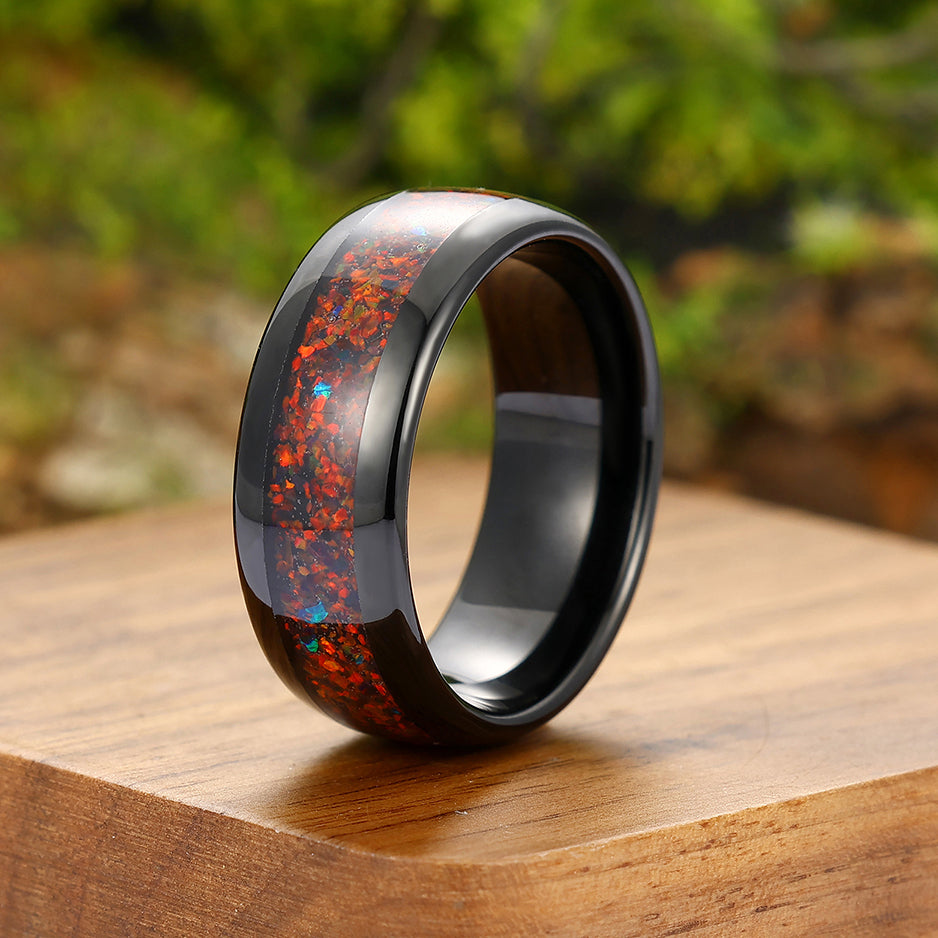 8mm Red Opal Wedding Band Black Tungsten Promise Ring Polished Dome Ring Unisex Ring Gift