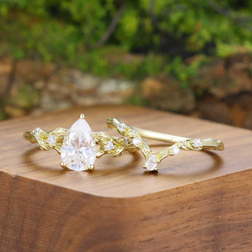 Blad- en takontwerp Moissanite ringset voor koppels geel verguld trouwringen voor hem en haar