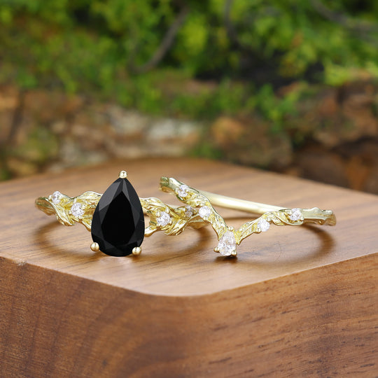 Leaf-inspired Natural Black Onyx Couple Ring Set Brilliant Gold Plated Rings For Him And Her