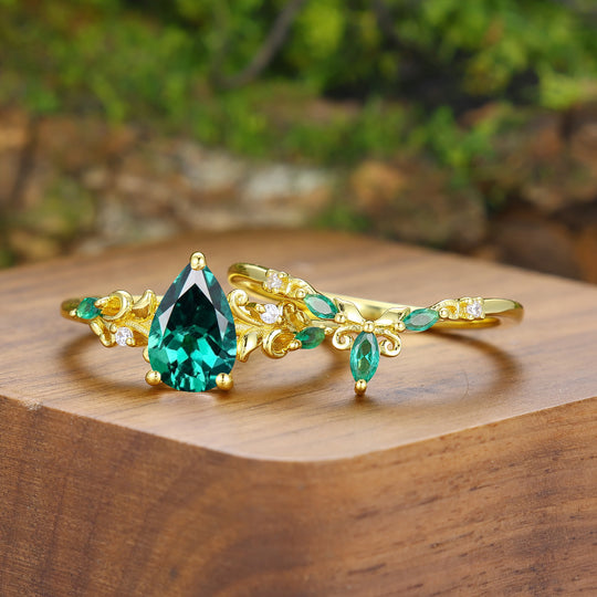 Vintage Pear Shaped Emerald Vine Couple Ring Set Scrollwork Engraved Handmade His And Hers Rings -  Esdomera.com