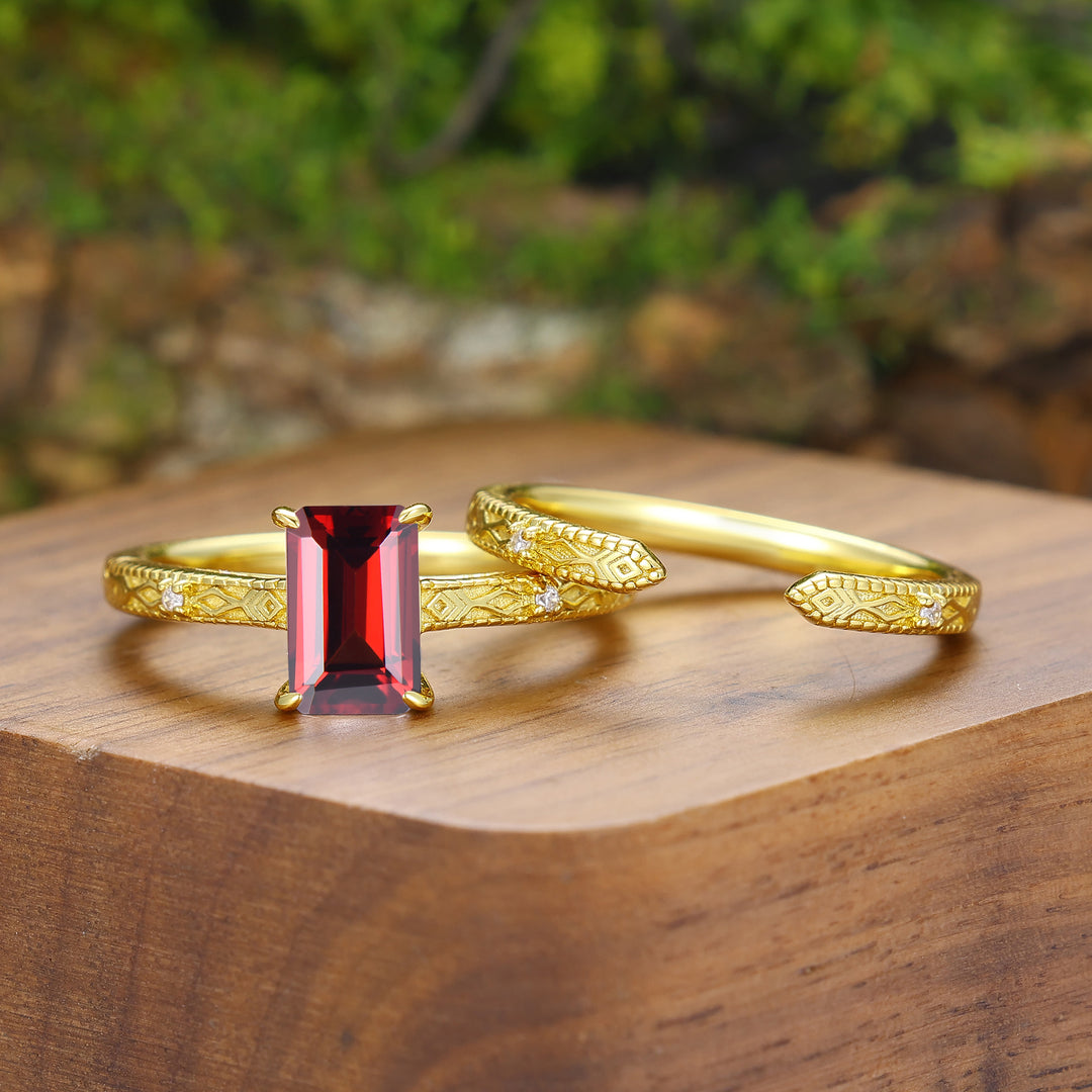 Vintage Natural Red Garnet Hand Engraved Yellow Gold Plated Couple Ring Set His And Hers Rings