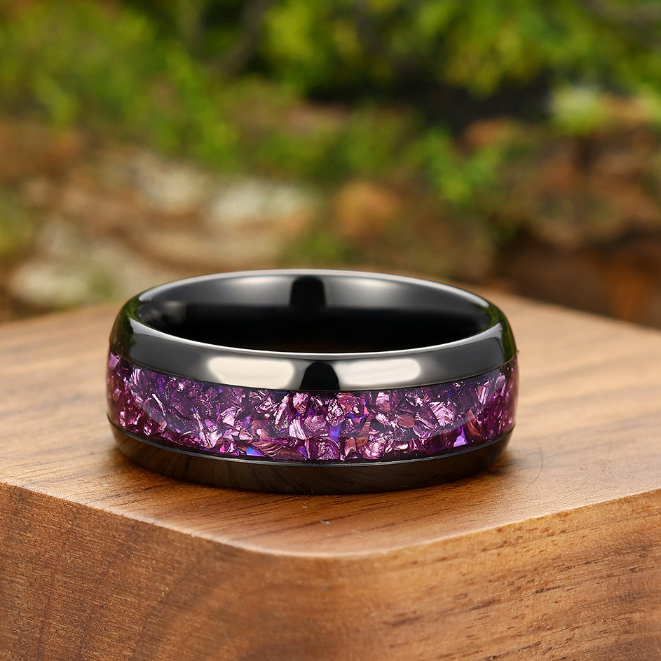 Unique Purple Amethyst Mens Tungsten Ring Promise Black Dome