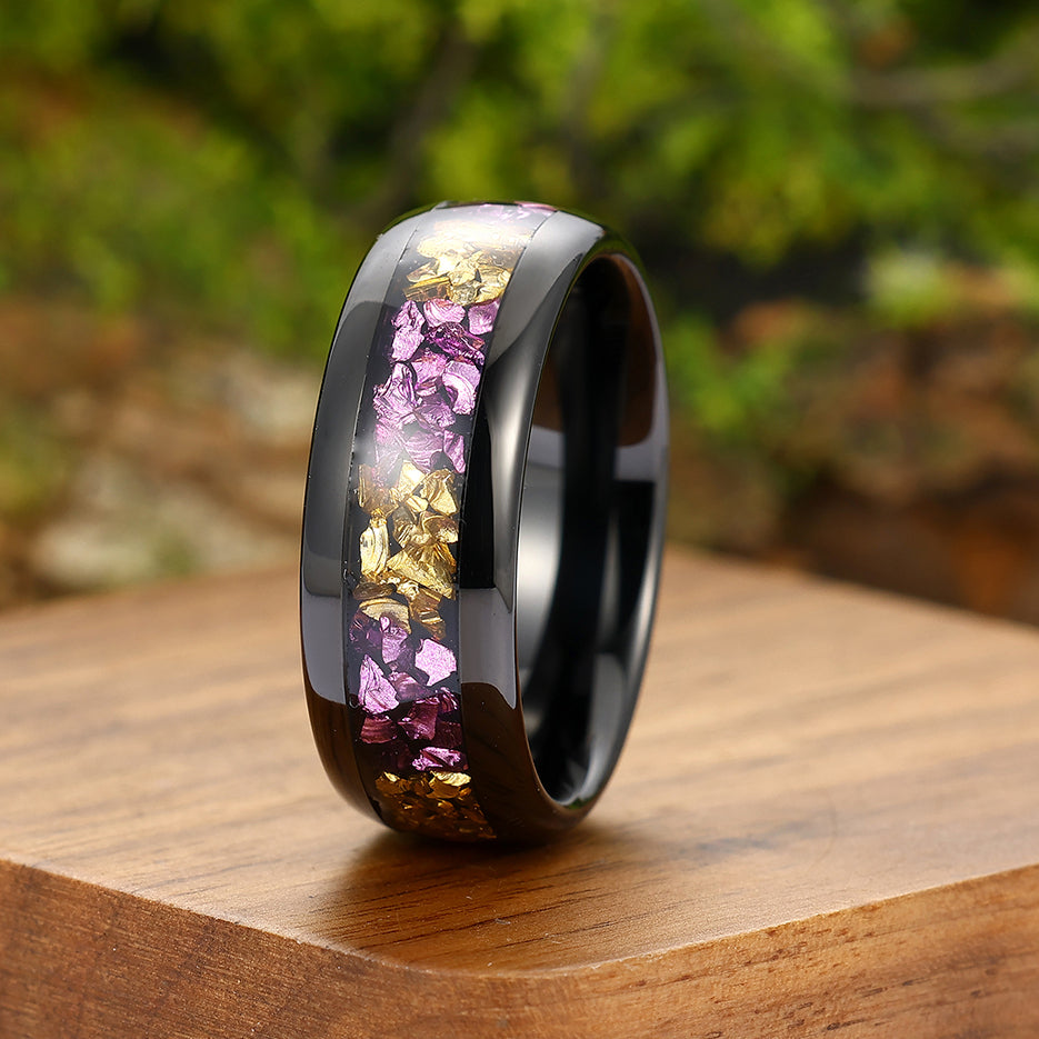 Amethyst and Citrine Inlay Tungsten Carbide Mens Ring Promise 8mm Wide Black Wedding Band Women Ring