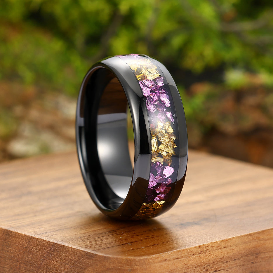 Amethyst and Citrine Inlay Tungsten Carbide Mens Ring Promise 8mm Wide Black Wedding Band Women Ring