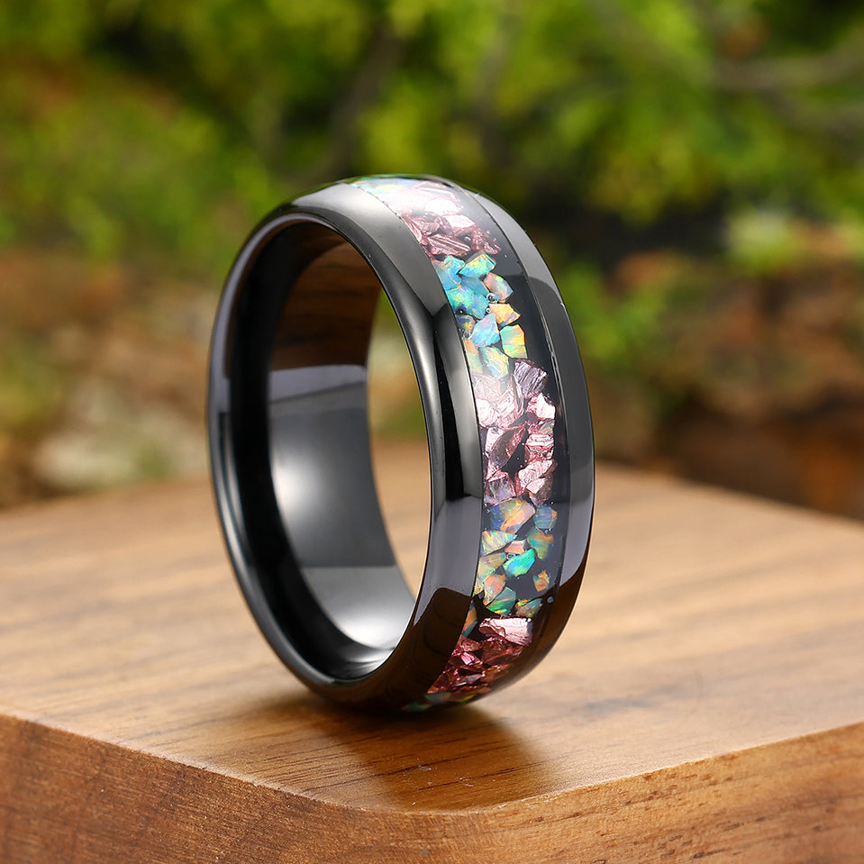 Colorful Opal Pink Sapphire Tungsten Carbide Promise Ring Unisex Polished Dome Wedding Band