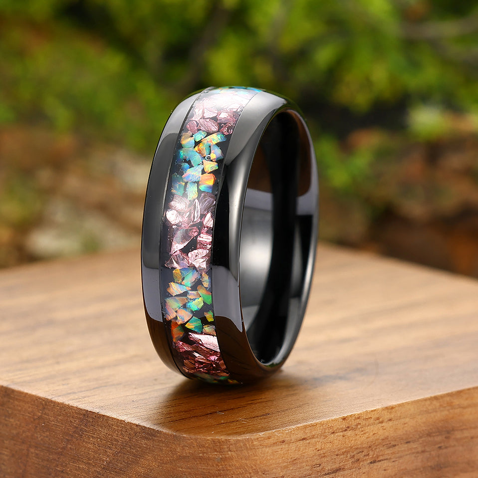 Colorful Opal Pink Sapphire Tungsten Carbide Promise Ring Unisex Polished Dome Wedding Band