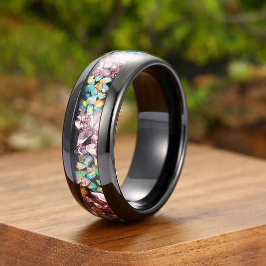 Colorful Opal Pink Sapphire Tungsten Carbide Promise Ring Unisex Polished Dome Wedding Band