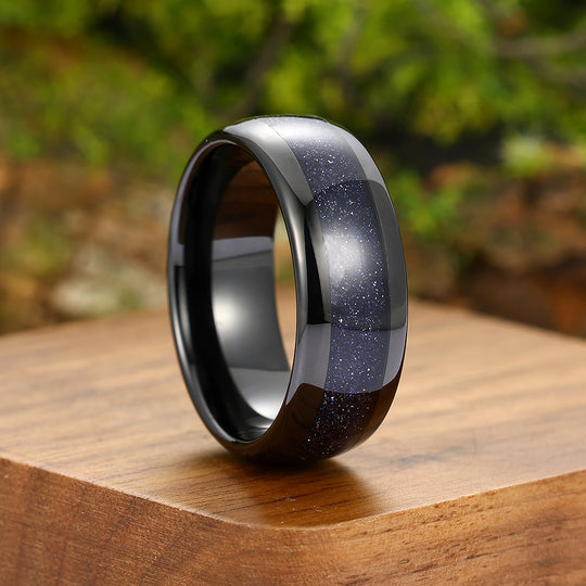 Starry Blue Sandstone Tungsten Carbide Mens Ring Promise Ring For Women And Men Cool Polished Dome Band