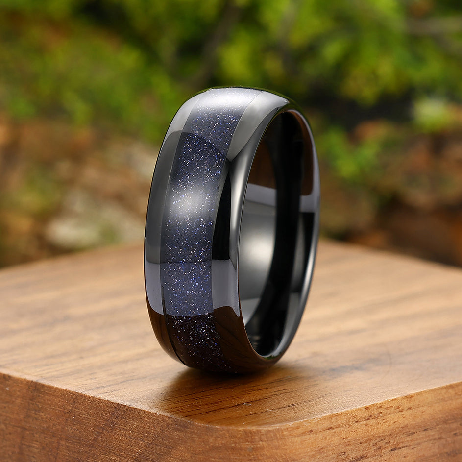 Starry Blue Sandstone Tungsten Carbide Mens Ring Promise Ring For Women And Men Cool Polished Dome Band