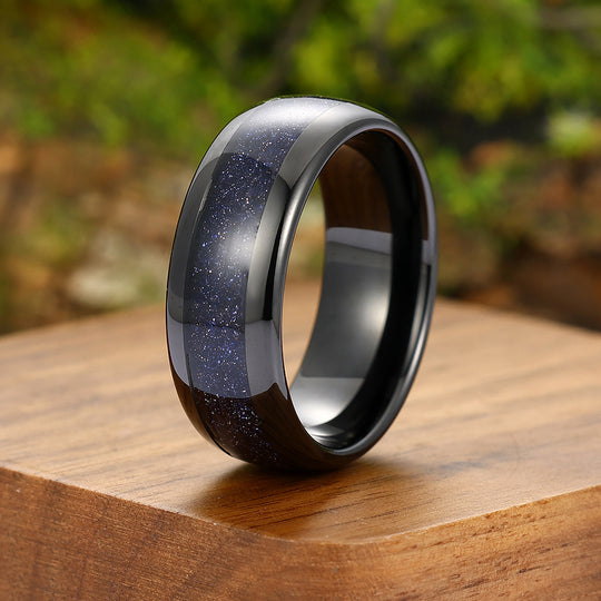 Starry Blue Sandstone Tungsten Carbide Mens Ring Promise Ring For Women And Men Cool Polished Dome Band