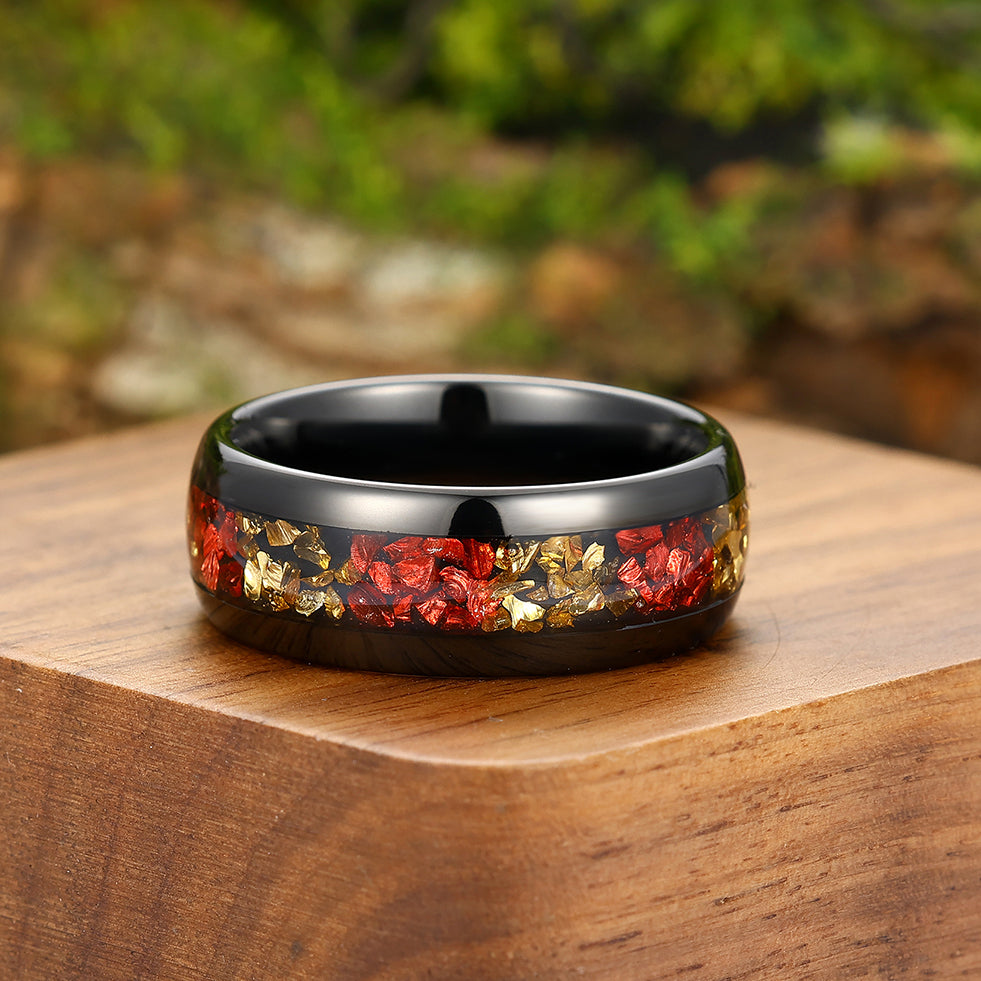 Anello da uomo in tungsteno con intarsio di citrino e rubino