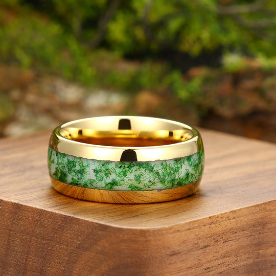 Green Moss Agate Wedding Ring Yellow Gold Tungsten Polished Dome Ring Anniversary Gift For Him