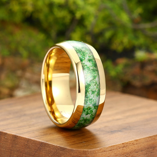 Green Moss Agate Wedding Ring Yellow Gold Tungsten Polished Dome Ring Anniversary Gift For Him