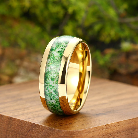 Green Moss Agate Wedding Ring Yellow Gold Tungsten Polished Dome Ring Anniversary Gift For Him