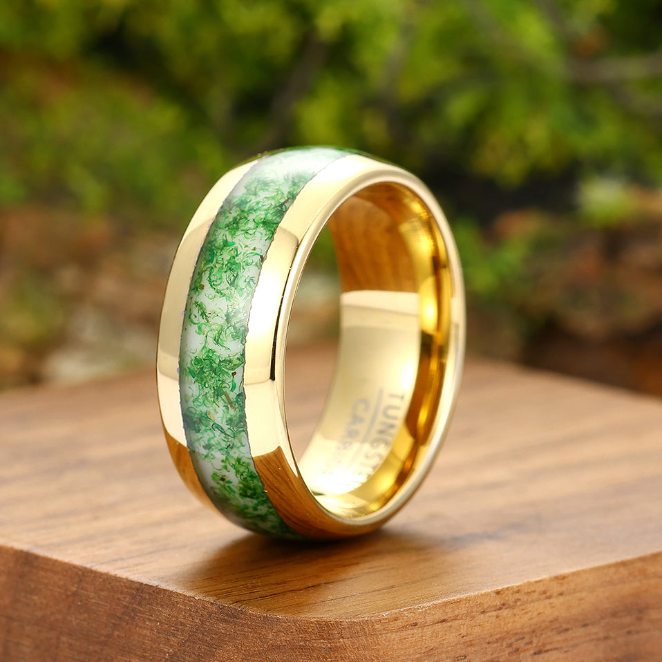 Green Moss Agate Wedding Ring Yellow Gold Tungsten Polished Dome Ring Anniversary Gift For Him