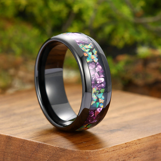 Amethyst & White Opal Wedding Band Black Tungsten Mens Ring Comfort Fit Promise Women Birthday Ring