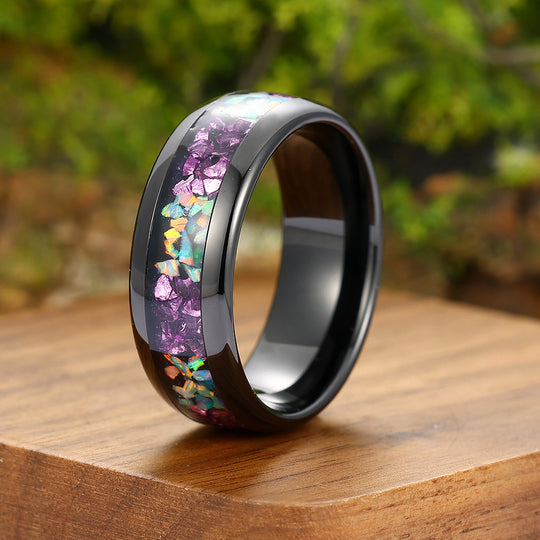 Amethyst & White Opal Wedding Band Black Tungsten Mens Ring Comfort Fit Promise Women Birthday Ring