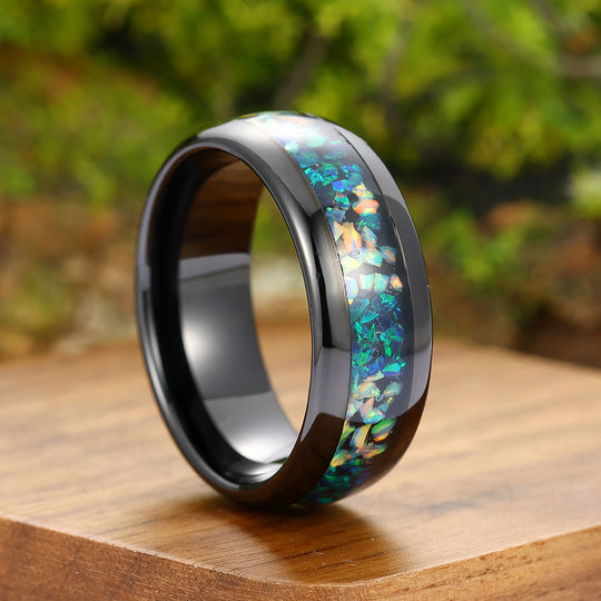 Crushed White And Peacock Green Opal lnlay Tungsten Wedding Band Promise Wide Band Ring For Women And Men