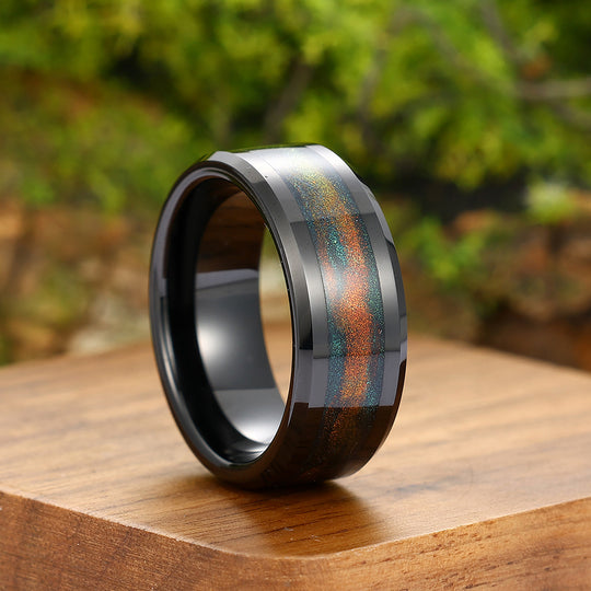 Unique Orange Blue Glitter Galaxy Quicksand Tungsten Ring 8mm Men's Ring Anniversary Gift