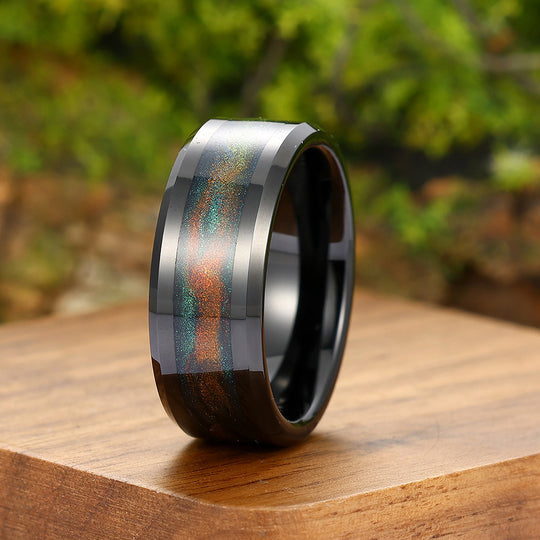 Unique Orange Blue Glitter Galaxy Quicksand Tungsten Ring 8mm Men's Ring Anniversary Gift