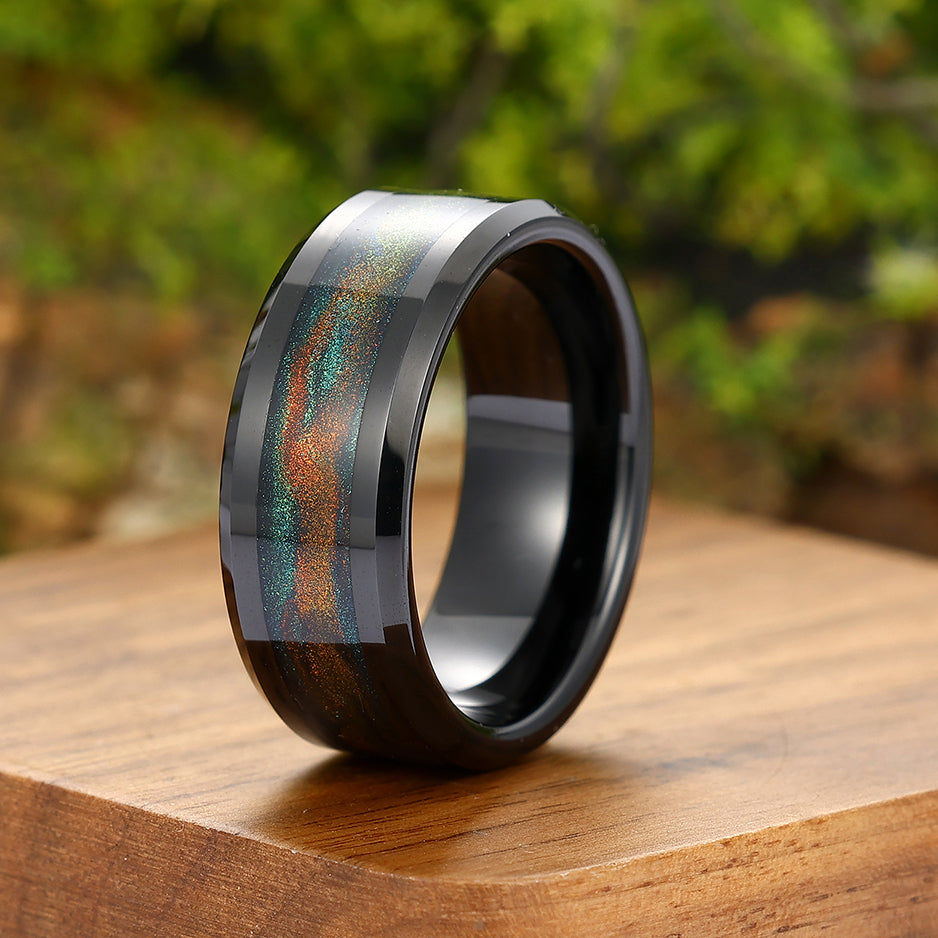 Unique Orange Blue Glitter Galaxy Quicksand Tungsten Ring 8mm Men's Ring Anniversary Gift