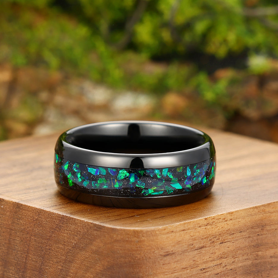 Unique Peacock Green Opal Inlay Tungsten Carbide Mens Ring Black Plated Engagement Wedding Band