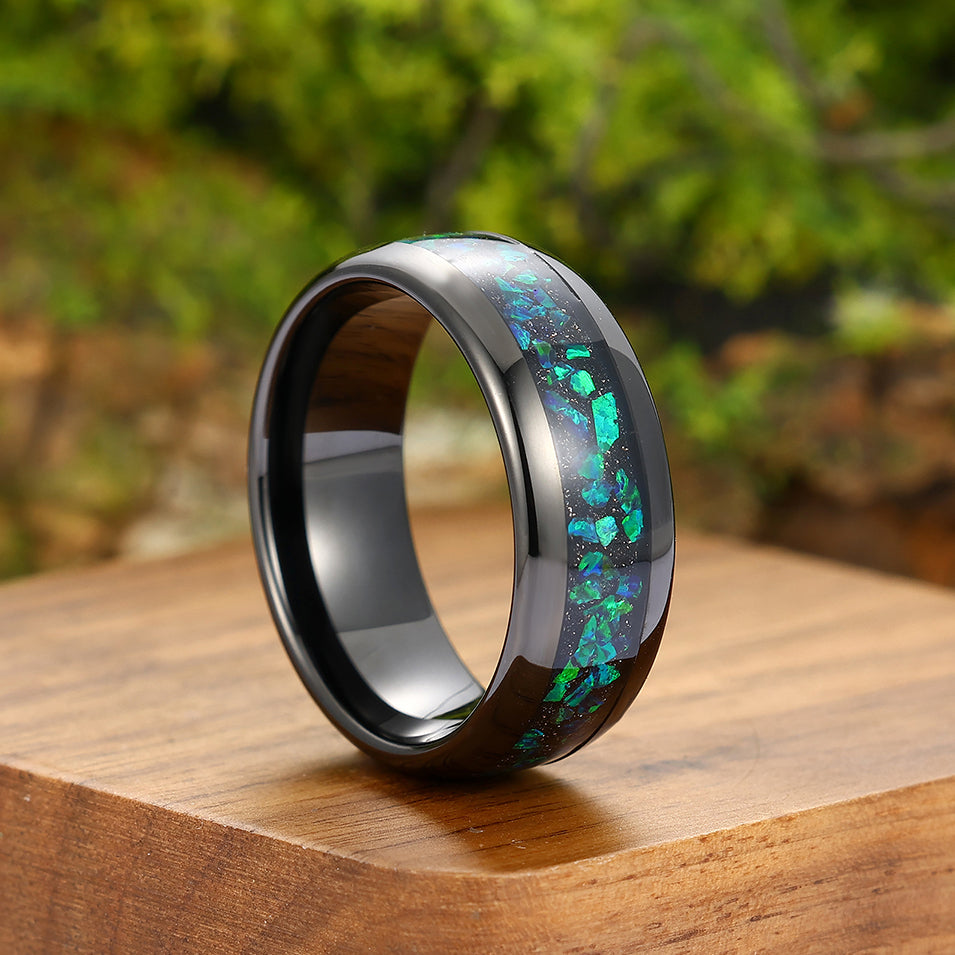 Unique Peacock Green Opal Inlay Tungsten Carbide Mens Ring Black Plated Engagement Wedding Band