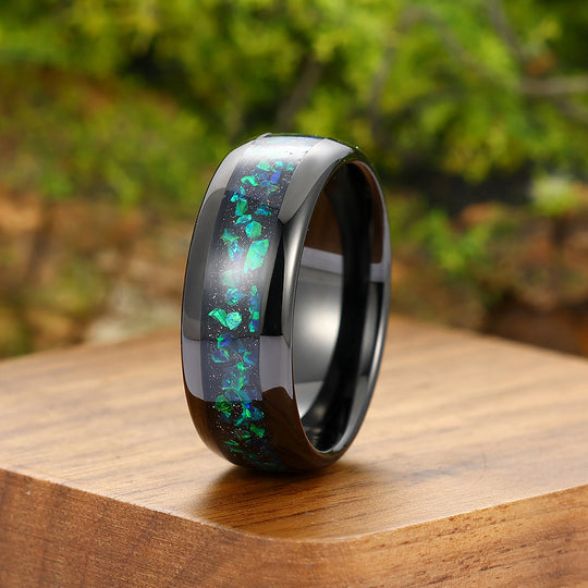 Unique Peacock Green Opal Inlay Tungsten Carbide Mens Ring Black Plated Engagement Wedding Band