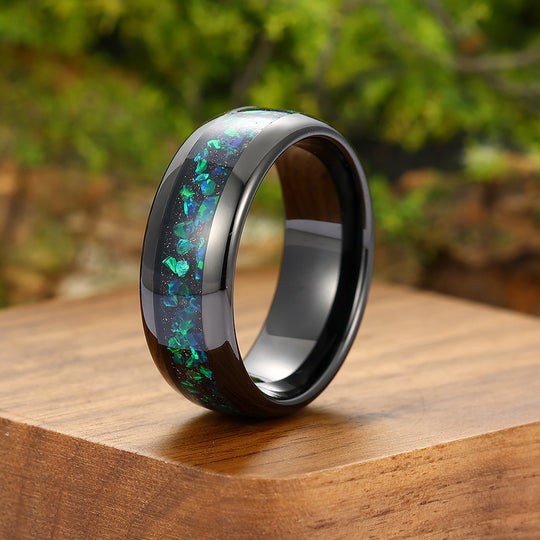 Unique Peacock Green Opal Inlay Tungsten Carbide Mens Ring Black Plated Engagement Wedding Band