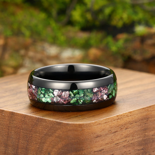 Unique Pink Sapphire Emerald Inlay Mens Tungsten Carbide Ring Dome Black Wedding Anniversary Band For Women