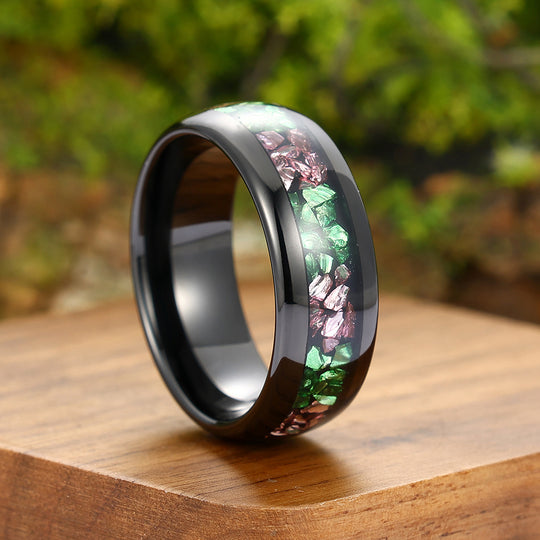 Unique Pink Sapphire Emerald Inlay Mens Tungsten Carbide Ring Dome Black Wedding Anniversary Band For Women