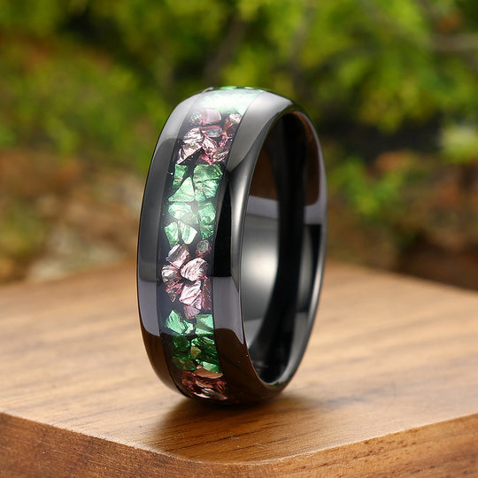 Unique Pink Sapphire Emerald Inlay Mens Tungsten Carbide Ring Dome Black Wedding Anniversary Band For Women