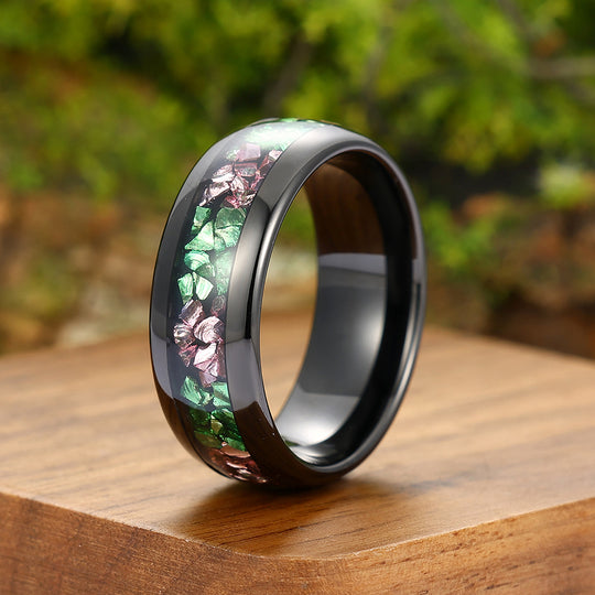 Unique Pink Sapphire Emerald Inlay Mens Tungsten Carbide Ring Dome Black Wedding Anniversary Band For Women