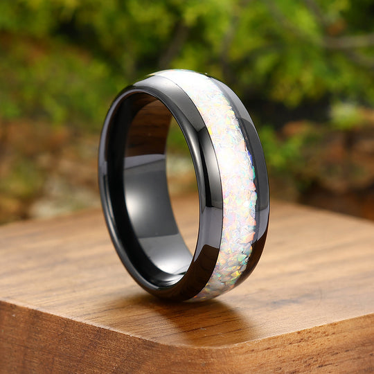 Crushed Pink White Opal Inlay Tungsten Carbide Mens Ring Promise Black Anniversary Ring For Women And Men