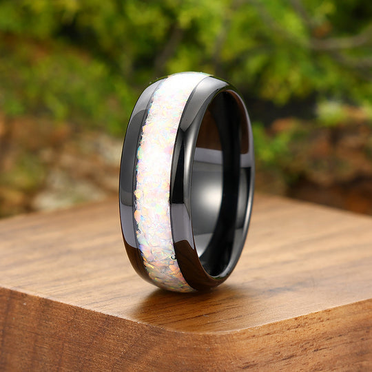 Crushed Pink White Opal Inlay Tungsten Carbide Mens Ring Promise Black Anniversary Ring For Women And Men