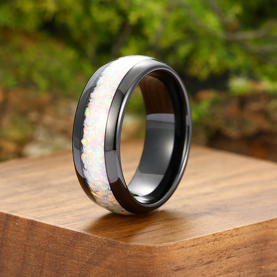 Crushed Pink White Opal Inlay Tungsten Carbide Mens Ring Promise Black Anniversary Ring For Women And Men