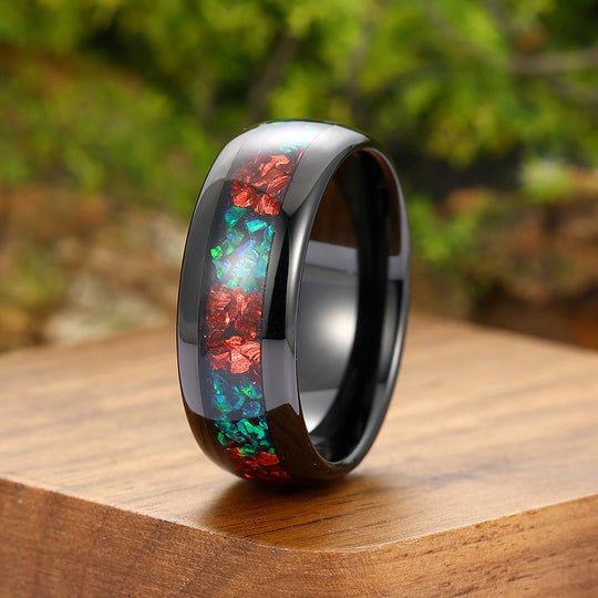 Two-stone Mens Tungsten Ring 8mm Ruby And Peacock Green Opal Unisex Anniversary Band