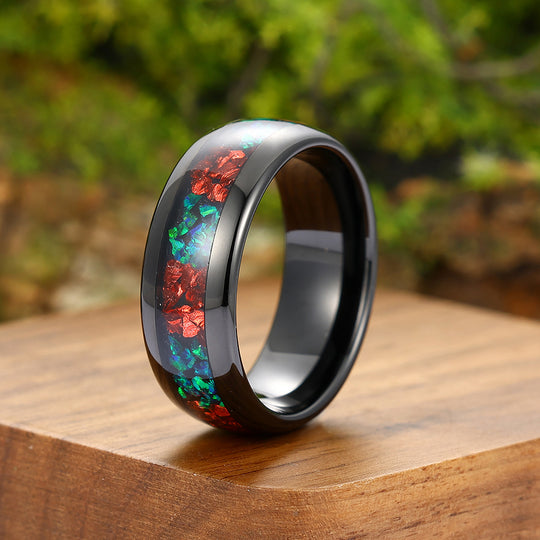 Two-stone Mens Tungsten Ring 8mm Ruby And Peacock Green Opal Unisex Anniversary Band