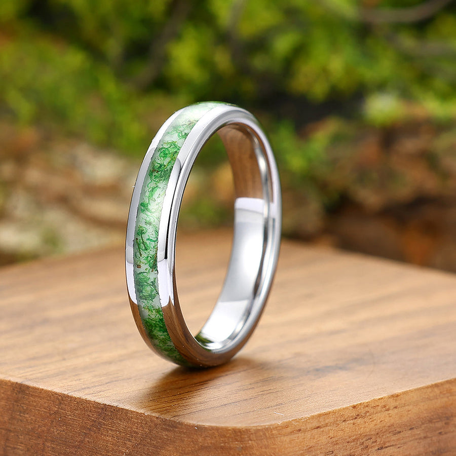Green Moss Agate Inlaid Tungsten Ring 8mm 4mm Men's Engagement Ring Promise Ring
