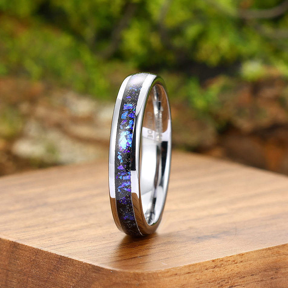 Orion Nebula Blue Sapphire Inlaid Men's Tungsten Carbide Wedding Band 8 / 4mm Polished Unsex Promise Ring