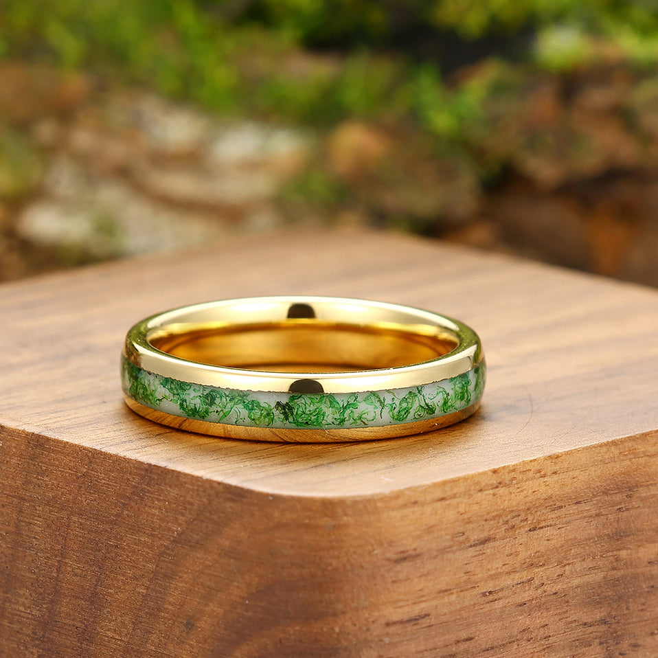 Green Moss Agate Wedding Ring Yellow Gold Tungsten Polished Dome Ring Anniversary Gift For Him