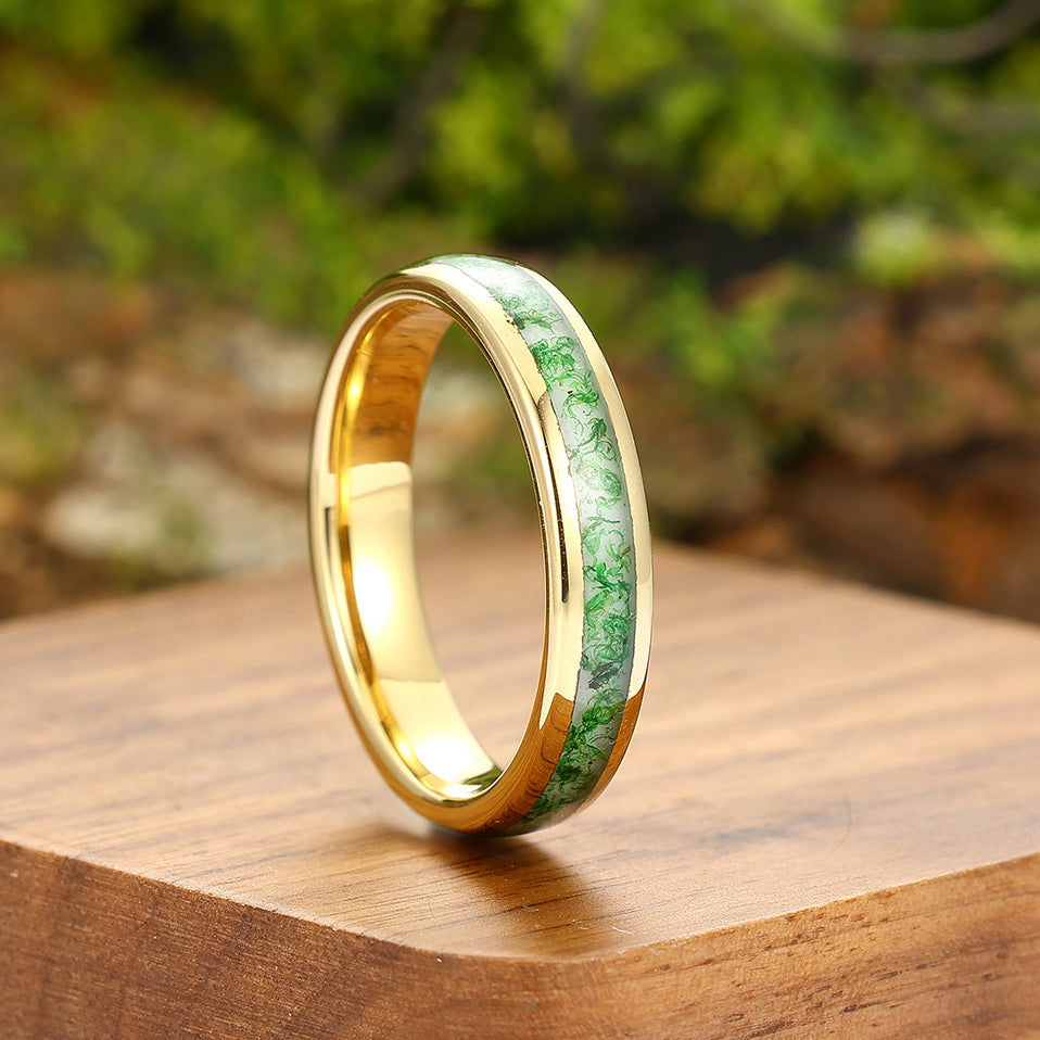 Green Moss Agate Wedding Ring Yellow Gold Tungsten Polished Dome Ring Anniversary Gift For Him