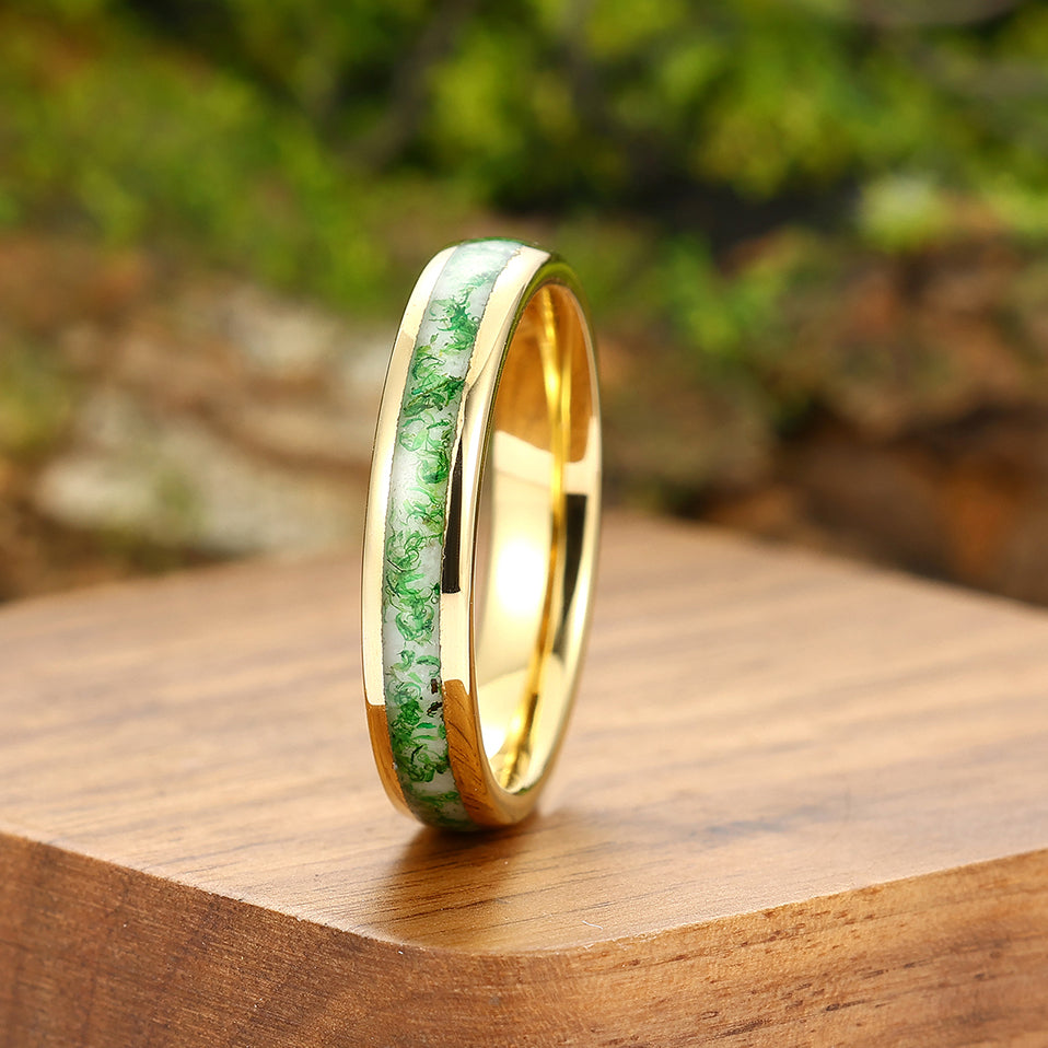 Green Moss Agate Wedding Ring Yellow Gold Tungsten Polished Dome Ring Anniversary Gift For Him