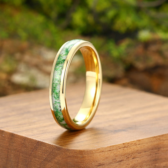 Green Moss Agate Wedding Ring Yellow Gold Tungsten Polished Dome Ring Anniversary Gift For Him