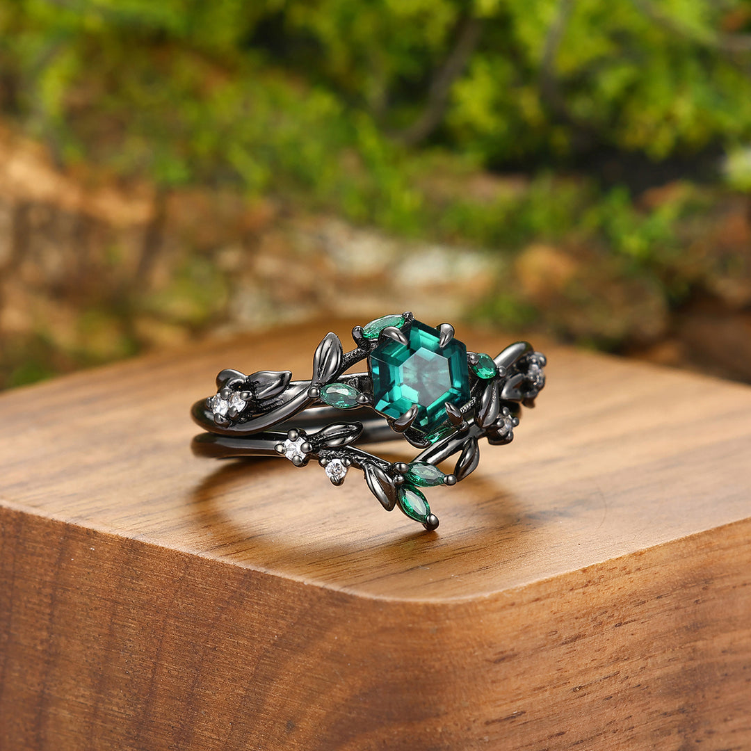 Unique Emerald Leaf Engagement Rings Set For Couples Personalized